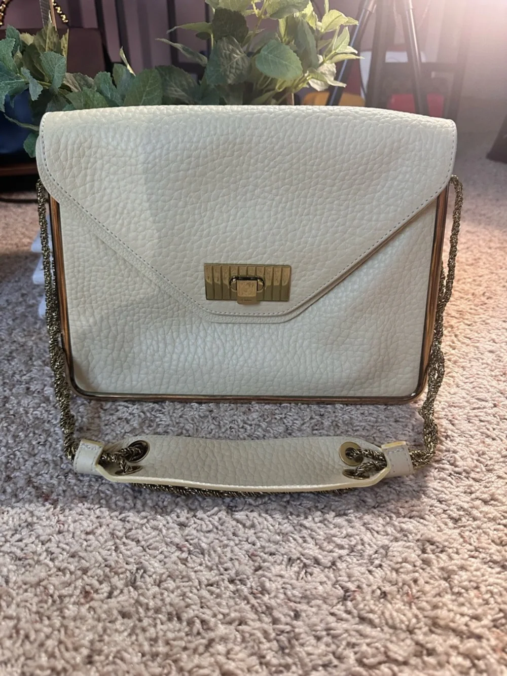 Chloe Cream Leather Shoulder Bag with Gold Chain